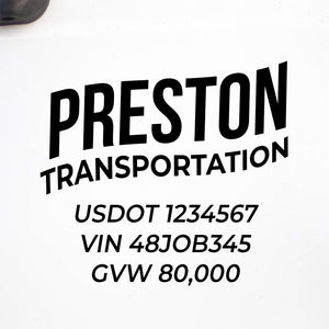 Company Name Decal with Regulation Numbers