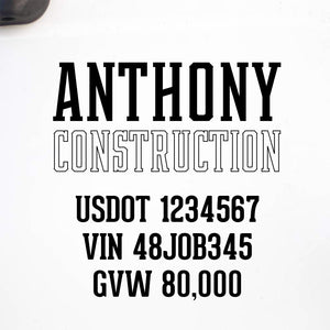 Company Name Decal with Regulation Numbers