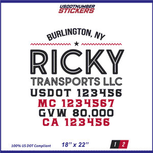Company Name, Truck Door Decal, Location, USDOT, MC, CA, GVW