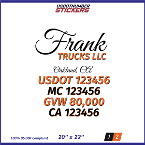 Company Name, Truck Door Decal, Location, USDOT, MC, CA, GVW