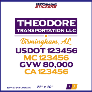 Company Name, Truck Door Decal, Location, USDOT, MC, CA, GVW