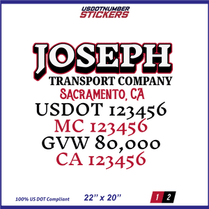 Company Name, Truck Door Decal, Location, USDOT, MC, CA, GVW