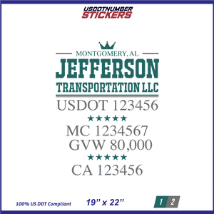 Company Name, Truck Door Decal, Location, USDOT, MC, CA, GVW