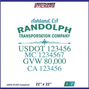 Company Name, Truck Door Decal, Location, USDOT, MC, CA, GVW