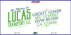 Company Name, Truck Door Decal, Location, USDOT, MC, CA, GVW
