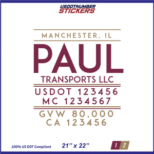 Company Name, Truck Door Decal, Location, USDOT, MC, CA, GVW
