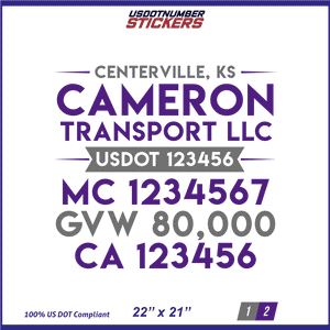 Company Name, Truck Door Decal, Location, USDOT, MC, CA, GVW