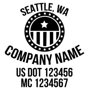 company name with circle, star, lines, patriotic and  US DOT 