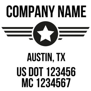 company name with circle, star, lines, patriotic and  US DOT 