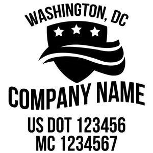 company name with figure, star, lines, patriotic and  US DOT 