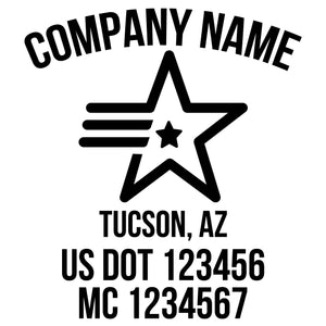 company name with , star, lines, patriotic and  US DOT