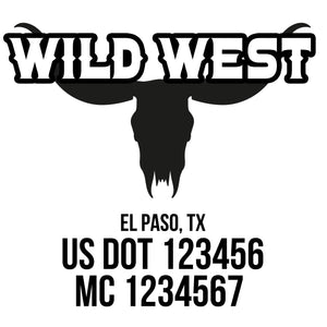 company name wild west, head , horns and US DOT