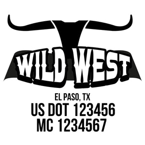 company name wild west , horns, ribbon and US DOT