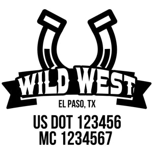 company name wild west , horseshoe, ribbon and US DOT