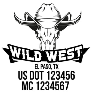 company name wild west , horns, hat, head and US DOT