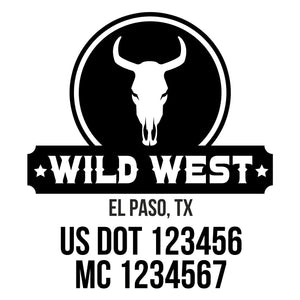 company name wild west , circle, bull, banner and US DOT