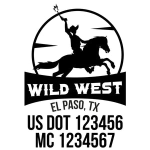 company name wild west, circle, banner , horse and US DOT