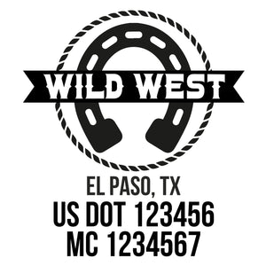 company name wild west, circle, rope, horseshoe and US DOT