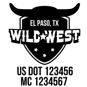company name wild west with horns, stars , form and US DOT