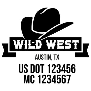 company name wild west with ribbon, hat and US DOT
