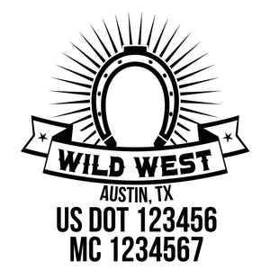 company name wild west with ribbon, horseshoe and US DOT