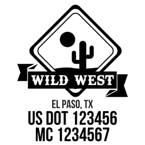 company name wild west with ribbon, desert and US DOT