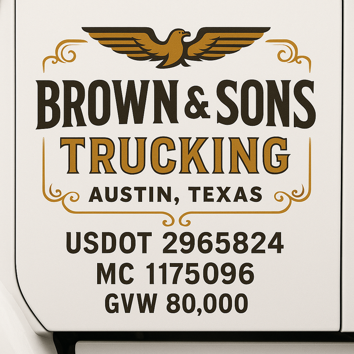 Custom Truck Door Decal Sticker Sign For Trucking, Transport, Logistics, Work Trucks, Semi Trucks With USDOT, MC, CA, KYU, VIN, GVW Regulation Numbers (Set of 2)