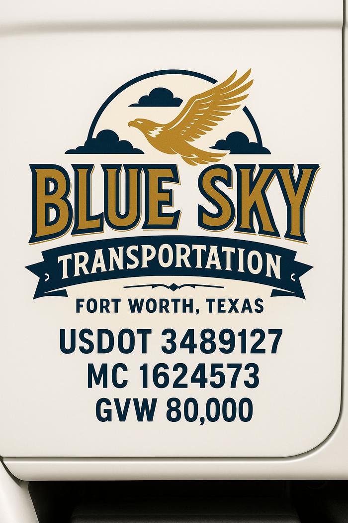 Custom Truck Door Decal Sticker Sign For Trucking, Transport, Logistics, Work Trucks, Semi Trucks With USDOT, MC, CA, KYU, VIN, GVW Regulation Numbers (Set of 2)