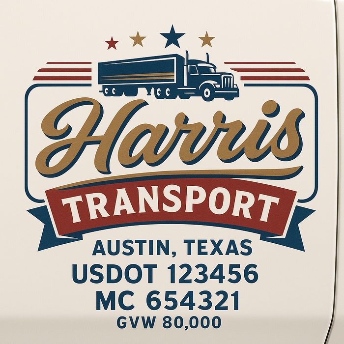 Custom Truck Door Decal Sticker Sign For Trucking, Transport, Logistics, Work Trucks, Semi Trucks With USDOT, MC, CA, KYU, VIN, GVW Regulation Numbers (Set of 2)