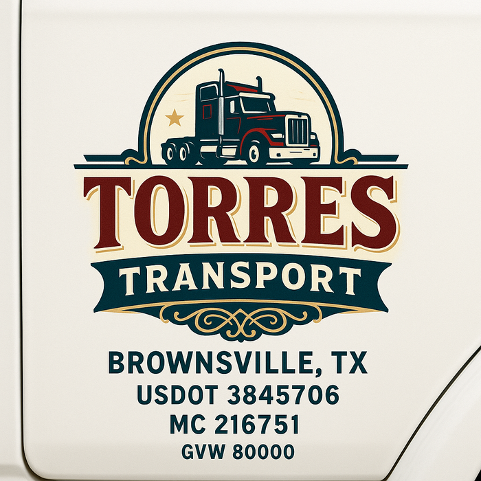 Custom Truck Door Decal Sticker Sign For Trucking, Transport, Logistics, Work Trucks, Semi Trucks With USDOT, MC, CA, KYU, VIN, GVW Regulation Numbers (Set of 2)