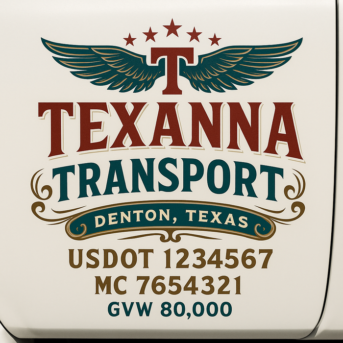 Custom Truck Door Decal Sticker Sign For Trucking, Transport, Logistics, Work Trucks, Semi Trucks With USDOT, MC, CA, KYU, VIN, GVW Regulation Numbers (Set of 2)