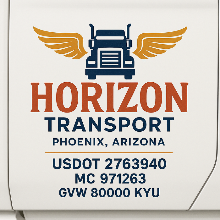 Custom Truck Door Decal Sticker Sign For Trucking, Transport, Logistics, Work Trucks, Semi Trucks With USDOT, MC, CA, KYU, VIN, GVW Regulation Numbers (Set of 2)