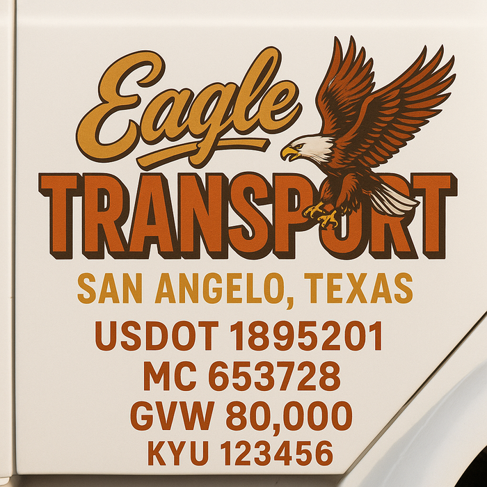 Custom Truck Door Decal Sticker Sign For Trucking, Transport, Logistics, Work Trucks, Semi Trucks With USDOT, MC, CA, KYU, VIN, GVW Regulation Numbers (Set of 2)
