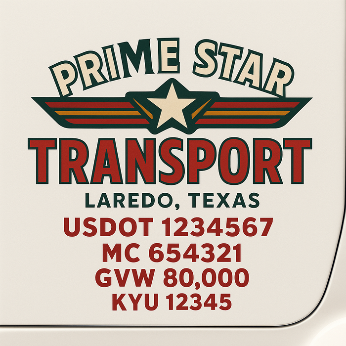 Custom Truck Door Decal Sticker Sign For Trucking, Transport, Logistics, Work Trucks, Semi Trucks With USDOT, MC, CA, KYU, VIN, GVW Regulation Numbers (Set of 2)