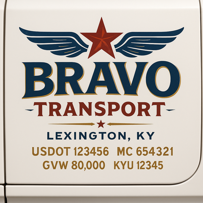 Custom Truck Door Decal Sticker Sign For Trucking, Transport, Logistics, Work Trucks, Semi Trucks With USDOT, MC, CA, KYU, VIN, GVW Regulation Numbers (Set of 2)