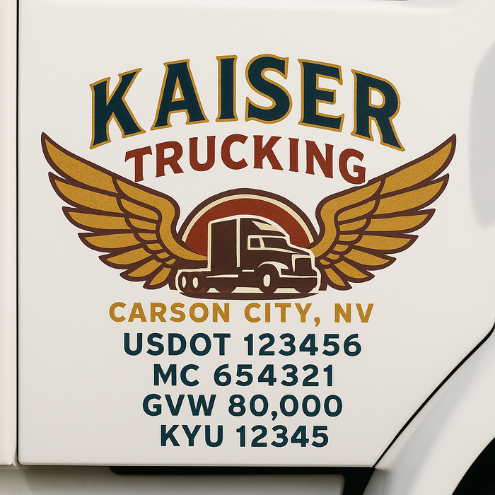 Custom Truck Door Decal Sticker Sign For Trucking, Transport, Logistics, Work Trucks, Semi Trucks With USDOT, MC, CA, KYU, VIN, GVW Regulation Numbers (Set of 2)