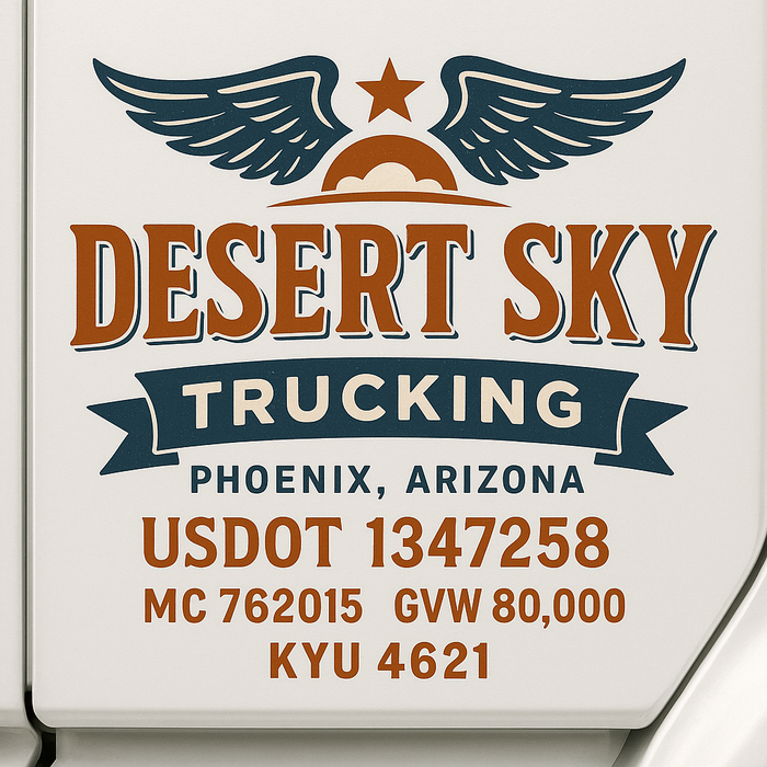 Custom Truck Door Decal Sticker Sign For Trucking, Transport, Logistics, Work Trucks, Semi Trucks With USDOT, MC, CA, KYU, VIN, GVW Regulation Numbers (Set of 2)