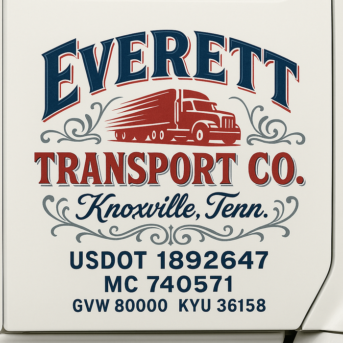 Custom Truck Door Decal Sticker Sign For Trucking, Transport, Logistics, Work Trucks, Semi Trucks With USDOT, MC, CA, KYU, VIN, GVW Regulation Numbers (Set of 2)