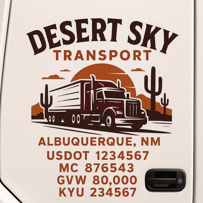 Custom Truck Door Decal Sticker Sign For Trucking, Transport, Logistics, Work Trucks, Semi Trucks With USDOT, MC, CA, KYU, VIN, GVW Regulation Numbers (Set of 2)