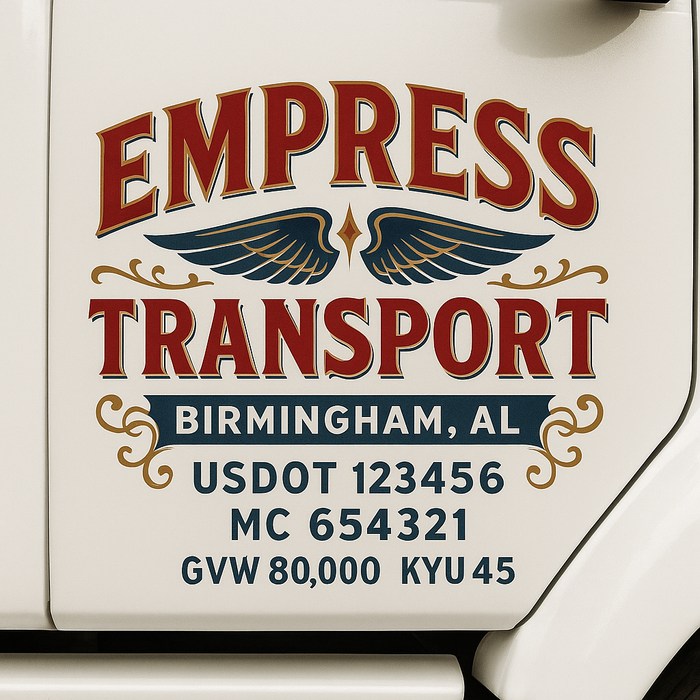 Custom Truck Door Decal Sticker Sign For Trucking, Transport, Logistics, Work Trucks, Semi Trucks With USDOT, MC, CA, KYU, VIN, GVW Regulation Numbers (Set of 2)