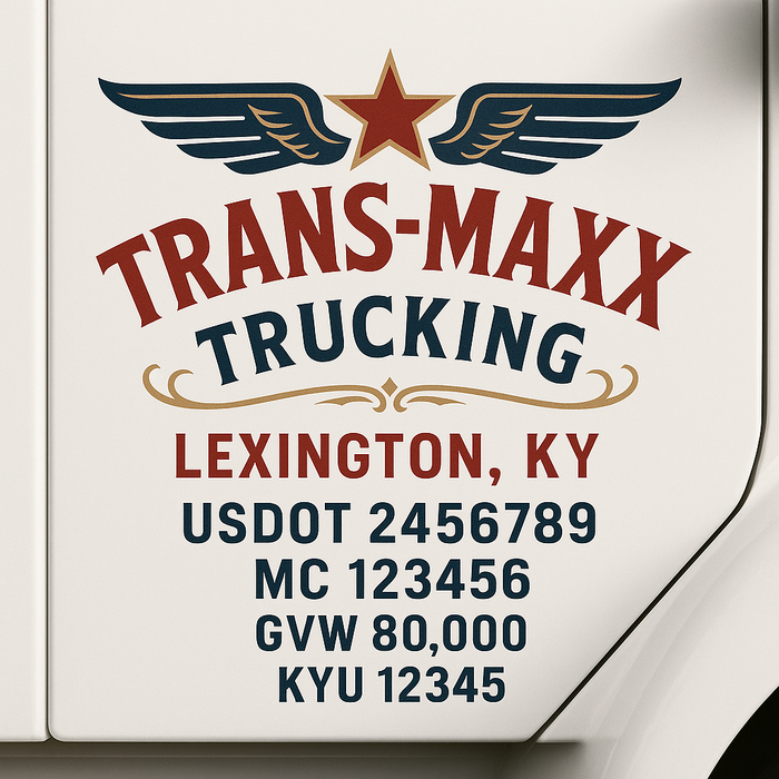 Custom Truck Door Decal Sticker Sign For Trucking, Transport, Logistics, Work Trucks, Semi Trucks With USDOT, MC, CA, KYU, VIN, GVW Regulation Numbers (Set of 2)