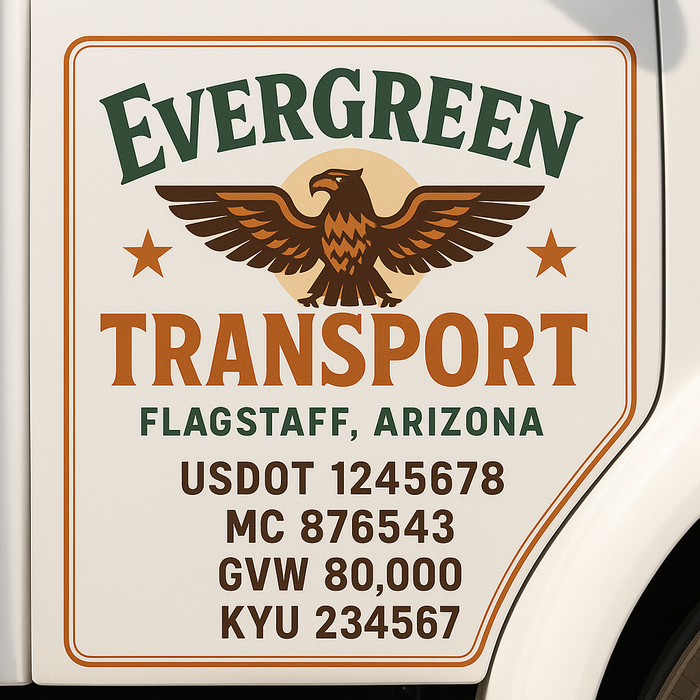 Custom Truck Door Decal Sticker Sign For Trucking, Transport, Logistics, Work Trucks, Semi Trucks With USDOT, MC, CA, KYU, VIN, GVW Regulation Numbers (Set of 2)