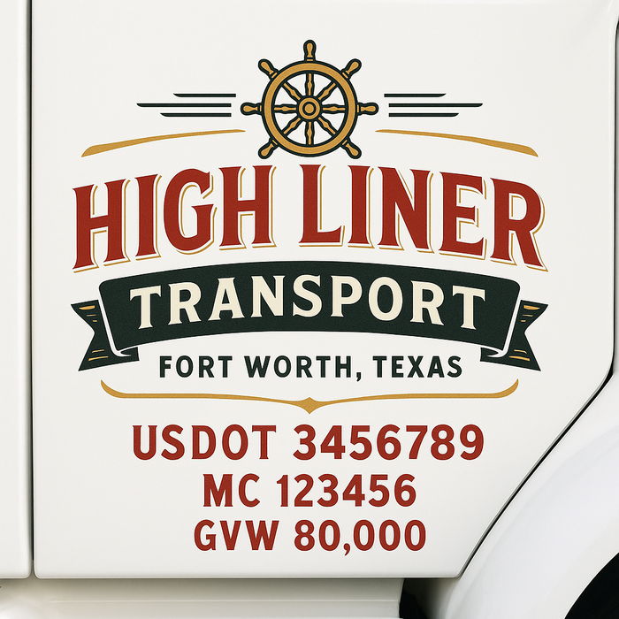 Custom Truck Door Decal Sticker Sign For Trucking, Transport, Logistics, Work Trucks, Semi Trucks With USDOT, MC, CA, KYU, VIN, GVW Regulation Numbers (Set of 2)