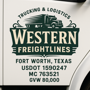 Custom Truck Door Decal Sticker Sign For Trucking, Transport, Logistics, Work Trucks, Semi Trucks With USDOT, MC, CA, KYU, VIN, GVW Regulation Numbers (Set of 2)