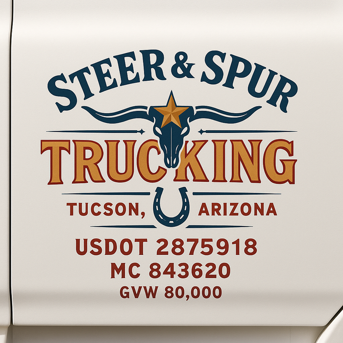 Custom Truck Door Decal Sticker Sign For Trucking, Transport, Logistics, Work Trucks, Semi Trucks With USDOT, MC, CA, KYU, VIN, GVW Regulation Numbers (Set of 2)