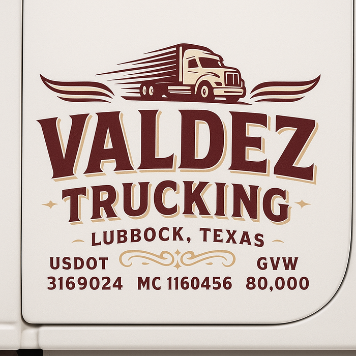 Custom Truck Door Decal Sticker Sign For Trucking, Transport, Logistics, Work Trucks, Semi Trucks With USDOT, MC, CA, KYU, VIN, GVW Regulation Numbers (Set of 2)