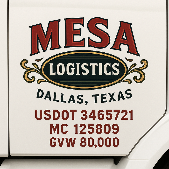 Custom Truck Door Decal Sticker Sign For Trucking, Transport, Logistics, Work Trucks, Semi Trucks With USDOT, MC, CA, KYU, VIN, GVW Regulation Numbers (Set of 2)