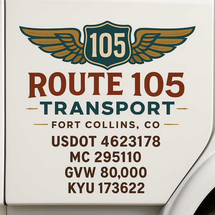 Custom Truck Door Decal Sticker Sign For Trucking, Transport, Logistics, Work Trucks, Semi Trucks With USDOT, MC, CA, KYU, VIN, GVW Regulation Numbers (Set of 2)