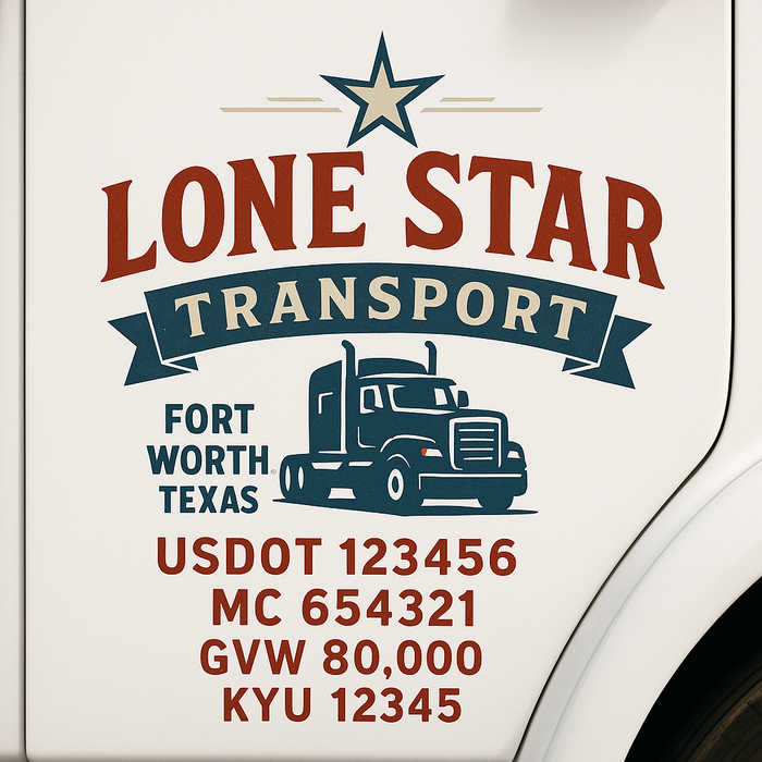 Custom Truck Door Decal Sticker Sign For Trucking, Transport, Logistics, Work Trucks, Semi Trucks With USDOT, MC, CA, KYU, VIN, GVW Regulation Numbers (Set of 2)