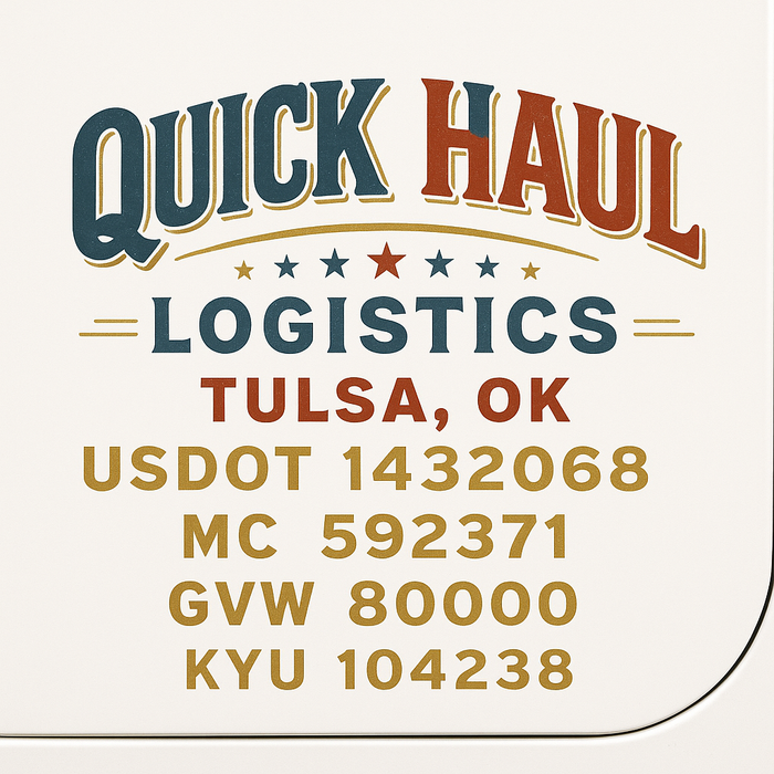 Custom Truck Door Decal Sticker Sign For Trucking, Transport, Logistics, Work Trucks, Semi Trucks With USDOT, MC, CA, KYU, VIN, GVW Regulation Numbers (Set of 2)
